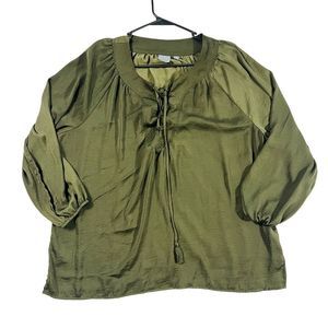 Women's Camo Olive Green Tie Neck Silky Blouson Sleeve Blouse Top Size Xl